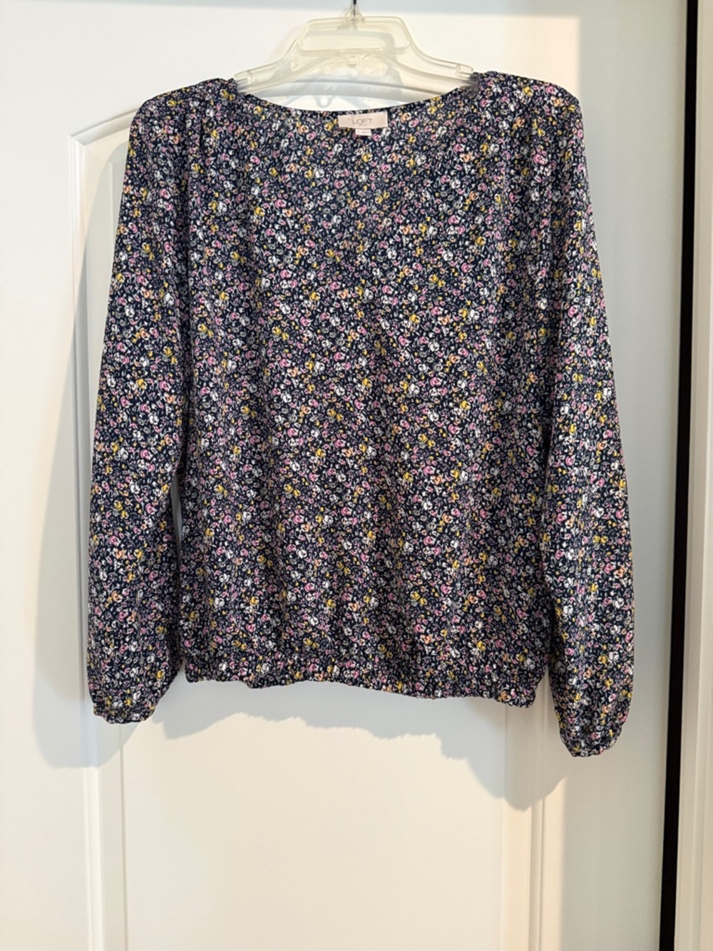 LOFT Navy Floral Balloon-Sleeve Blouse